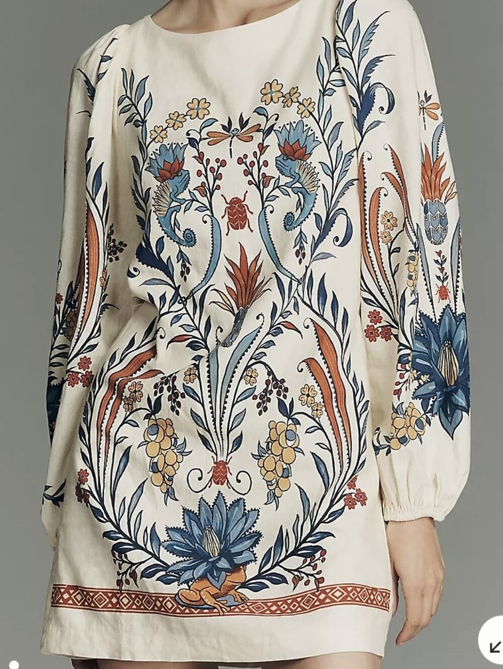 FARM Rio Brand New Cream Tunic with Blue and Rust Floral Print, US Size L